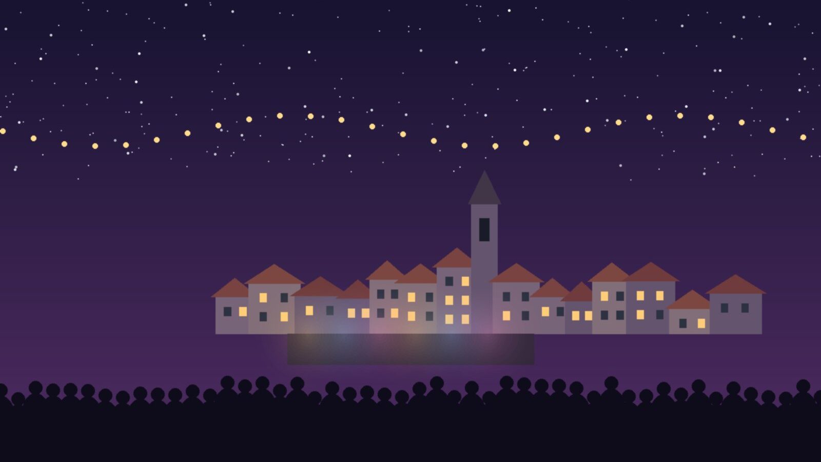 Illustrazione di un concerto serale nella piazza del borgo