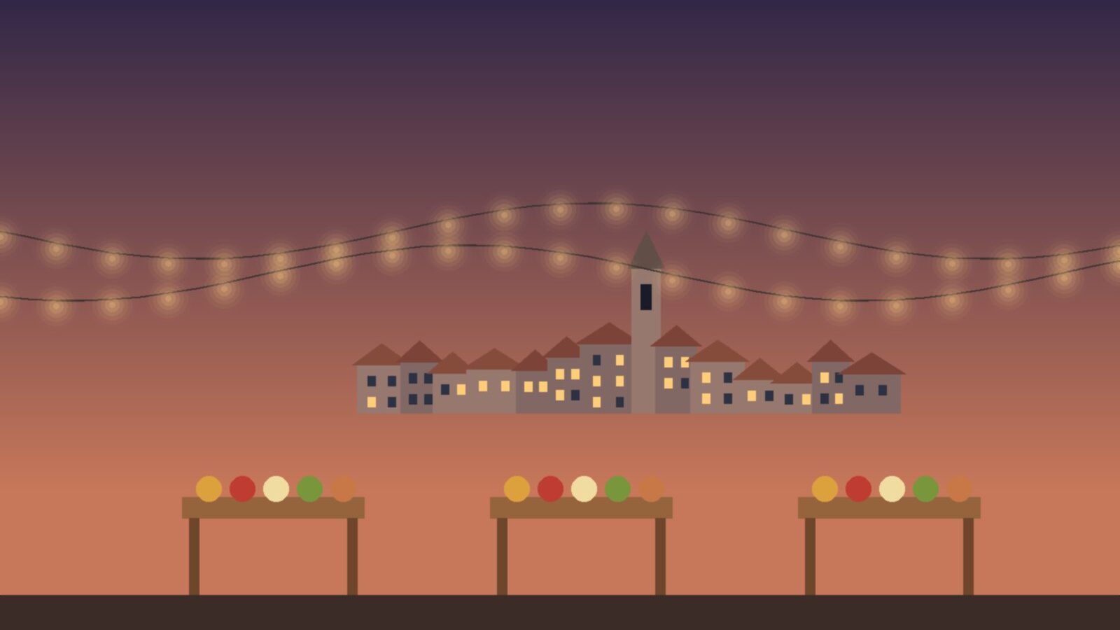 Illustrazione di banchi di prodotti tipici con luci festose