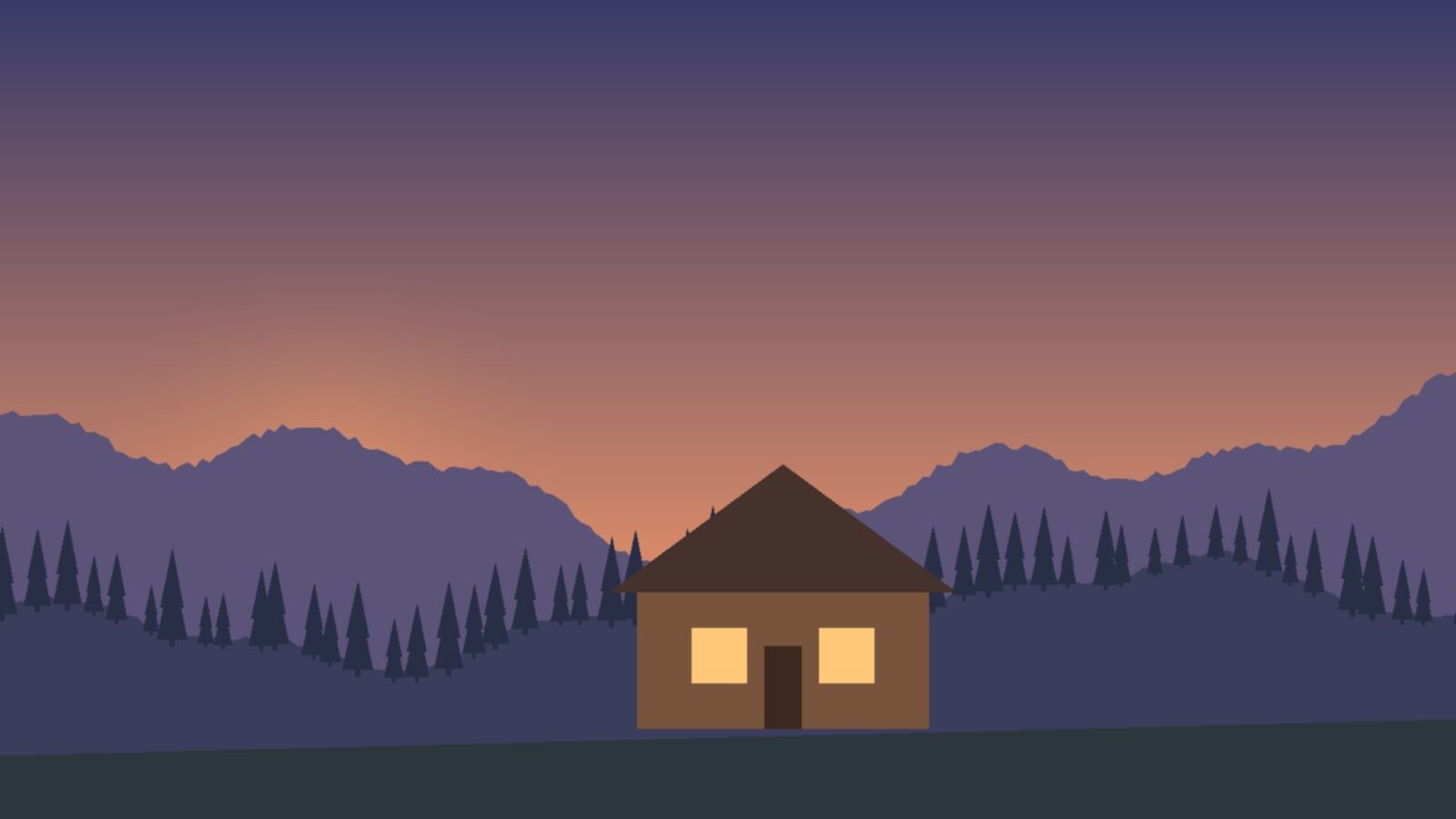 Illustrazione di un rifugio di montagna al tramonto