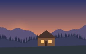 Illustrazione di un rifugio di montagna al tramonto