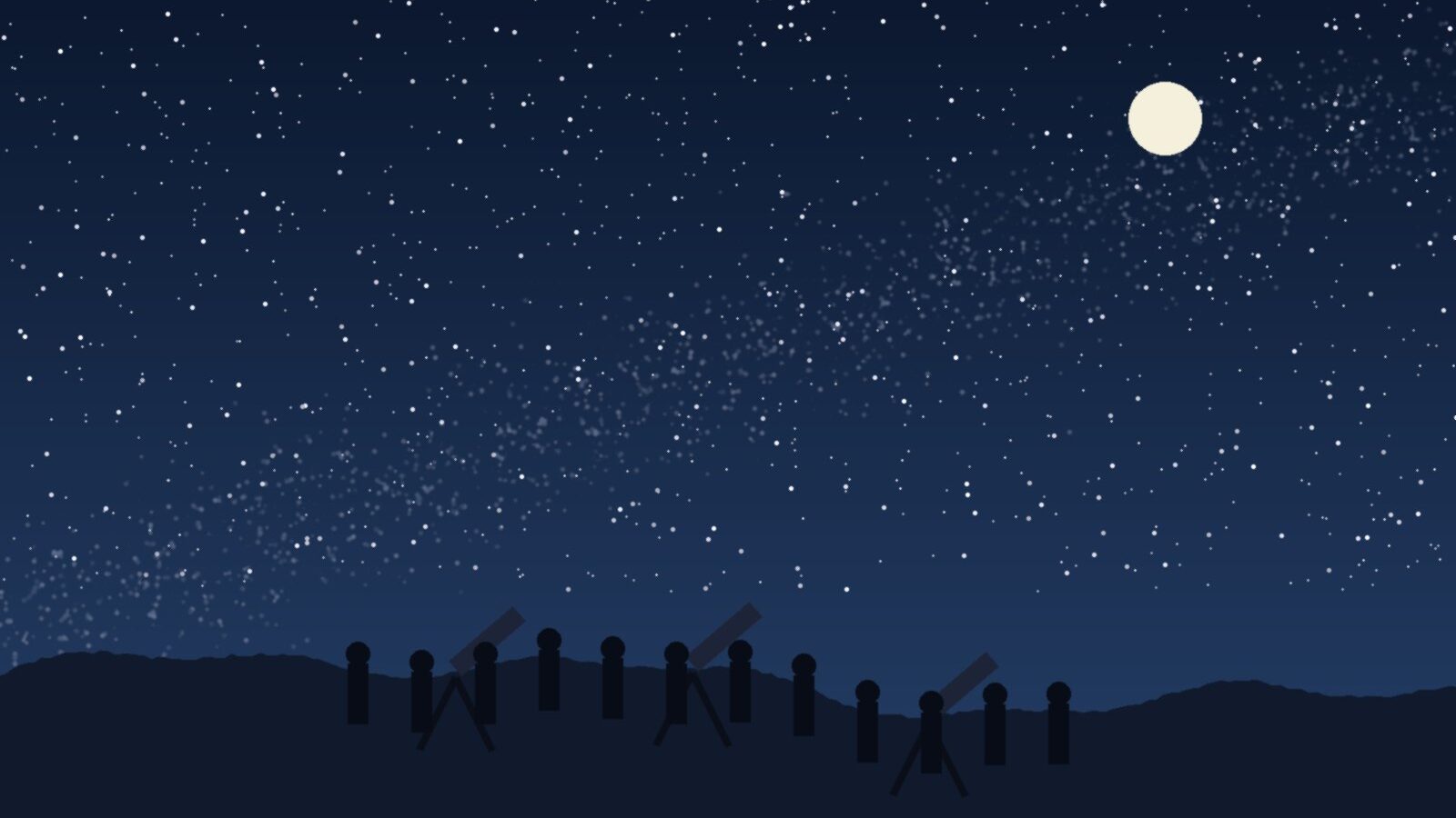 Illustrazione di persone con telescopi sotto il cielo stellato