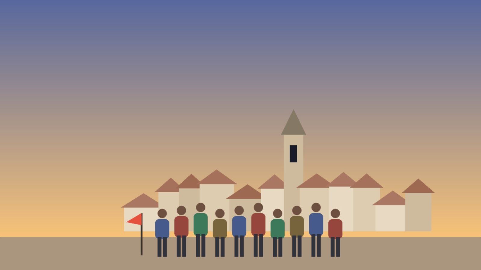 Illustrazione di un gruppo di visitatori nel borgo