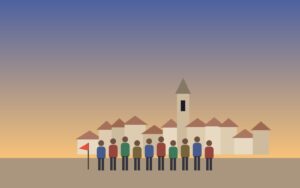 Illustrazione di un gruppo di visitatori nel borgo